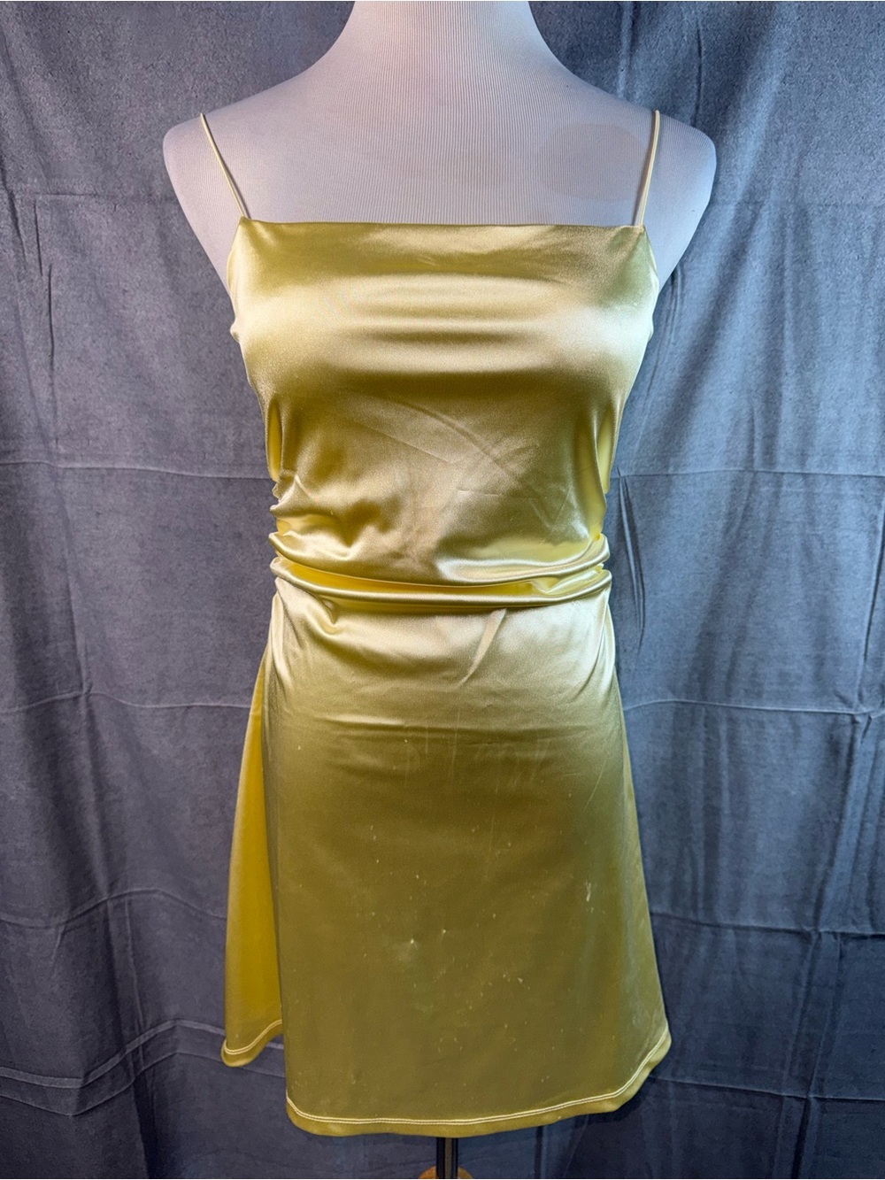 1232-Divided Yellow Satin Mini Dress with Spaghetti Straps